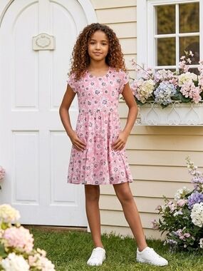 NWT Knitworks Pink With Daisies Smocked Dress with Cap Sleeves ~L 14